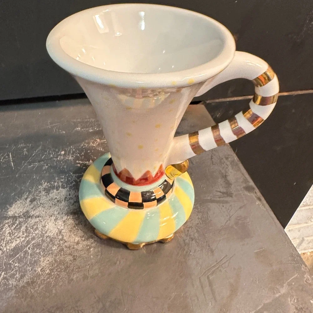 Whimsical Teapot Mug Set Harlequin Polka Dot Striped MacKenzie Childs Style Tea